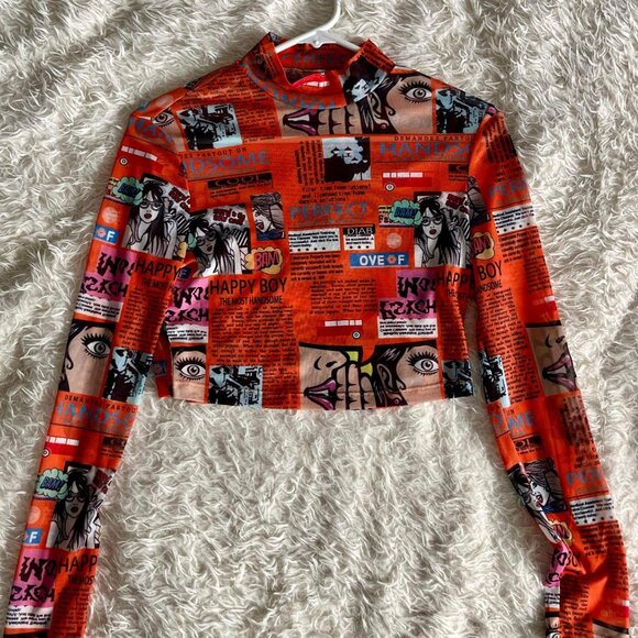 SHEIN SXY - Stand Collar Newspaper Print Crop Top - Picture 2 of 7